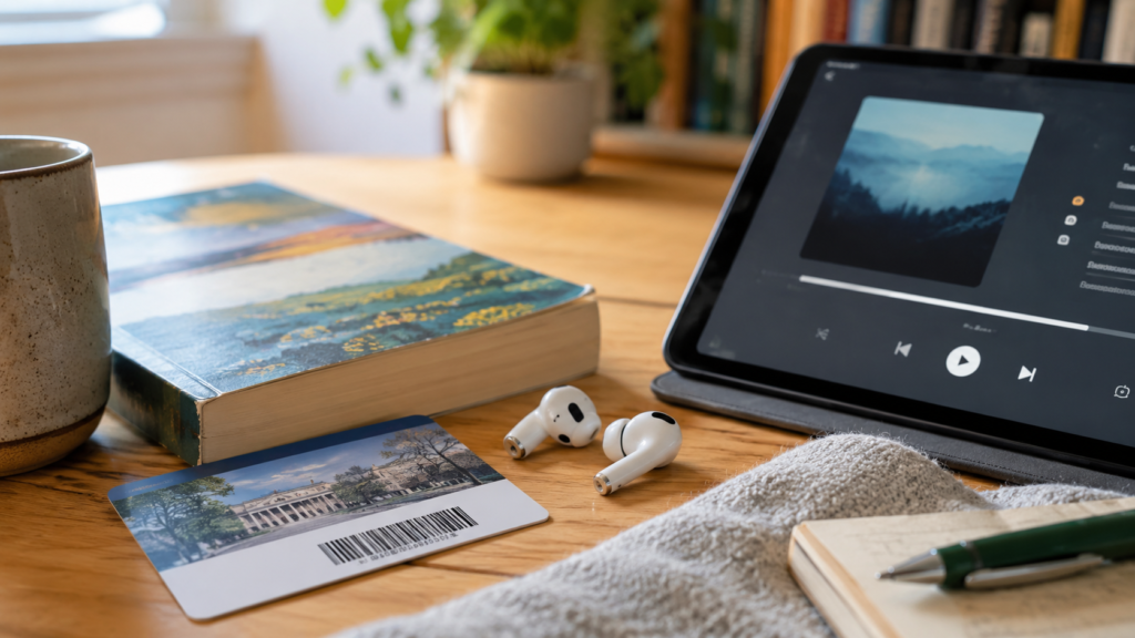 Library card with tablet showing free digital library resources